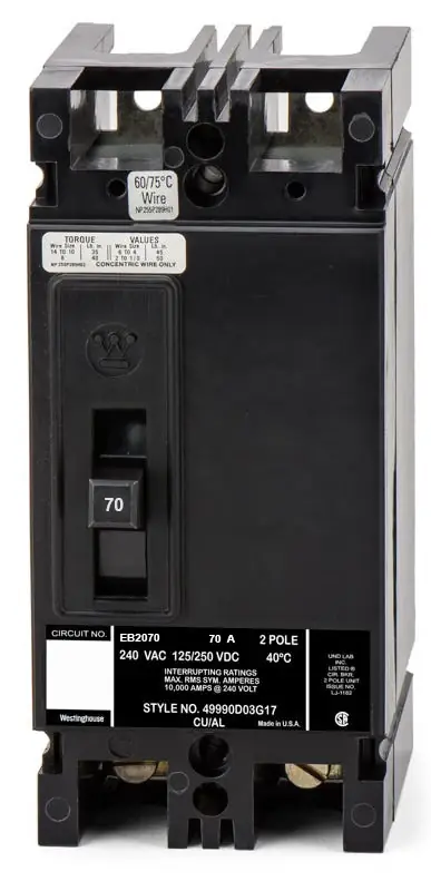 While Supplies Last Eaton / Westinghouse EB2070 - 70A 2 Pole Molded Case Circuit Breaker