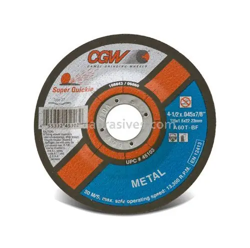 CGW Abrasives 45152 41/2 x .045 x 5/8-11 T27 A60Tbf Resin Cut Whls Thin, 10 Pack Final Sale
