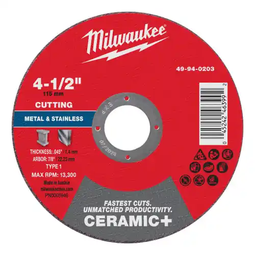 Milwaukee 49-94-0203 4-1/2" x .045" x 7/8" Ceramic+ Metal Cut Off Wheel -Type 1, 25 Pack Genuine