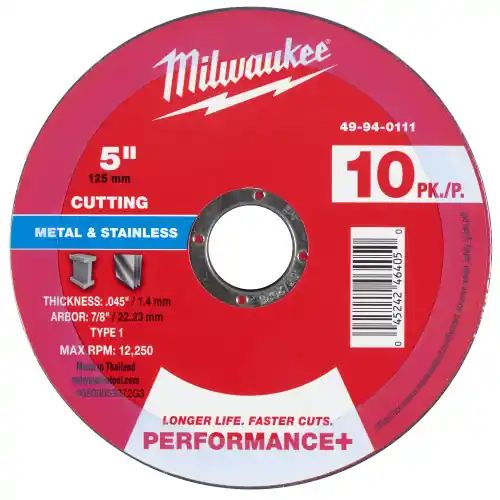 Milwaukee 49-94-0111 5" x .045" x 7/8" Performance+ Metal Cut Off Wheel - Type 1 - 10pk, 4 Pack Fresh Stock