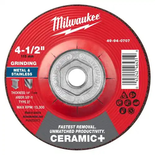 Professional Grade Milwaukee 49-94-0707 4-1/2" x 1/4" x 5/8"-11 Ceramic+ Metal Grinding Wheel - Type 27, 5 Pack