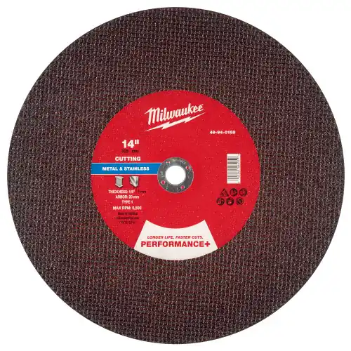 Milwaukee 49-94-0168 14" x 1/8" x 20mm Performance+ Metal Cut Off Wheel - Type 1, 10 Pack Authentic