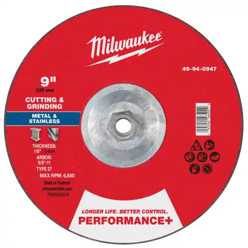 Clearance Milwaukee 49-94-0947 9" x 1/8" x 5/8"-11 Performance+ Dual Metal Cut & Grind Wheel - Type 27, 10 Pack