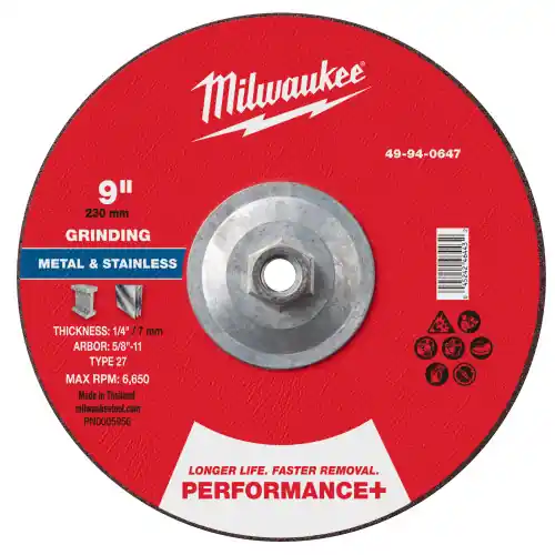 Milwaukee 49-94-0647 9" x 1/4" x 5/8"-11 Performance+ Metal Grinding Wheel - Type 27, 5 Pack New Arrival