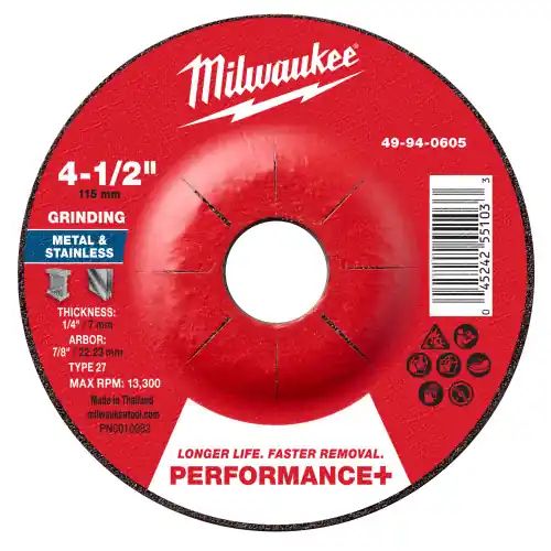 Milwaukee 49-94-0605 4-1/2" x 1/4" x 7/8" Performance+ Metal Grinding Wheel - Type 27, 25 Pack Cheap