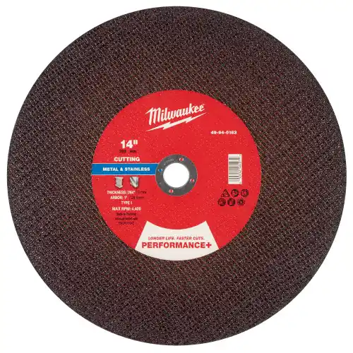 While Supplies Last Milwaukee 49-94-0163 14" x 7/64" x 1" Performance+ Metal Cut Off Wheel - Type 1, 10 Pack