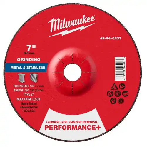 Milwaukee 49-94-0633 7" x 1/4" x 7/8" Performance+ Metal Grinding Wheel - Type 27, 10 Pack Bargain