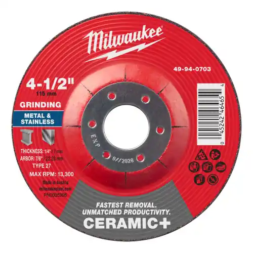 Milwaukee 49-94-0703 4-1/2" x 1/4" x 7/8" Ceramic+ Metal Grinding Wheel - Type 27, 10 Pack Grab Now