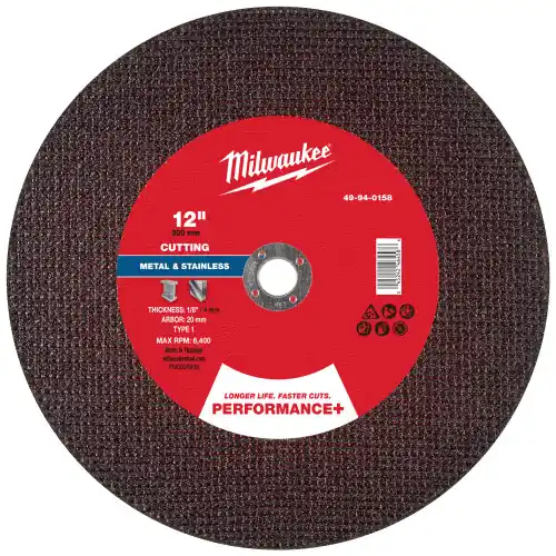 Milwaukee 49-94-0158 12" x 1/8" x 20mm Performance+ Metal Cut Off Wheel - Type 1, 10 Pack Direct From Factory
