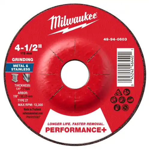 Special Discount Milwaukee 49-94-0603 4-1/2" x 1/4" x 7/8" Performance+ Metal Grinding Wheel - Type 27, 10 Pack