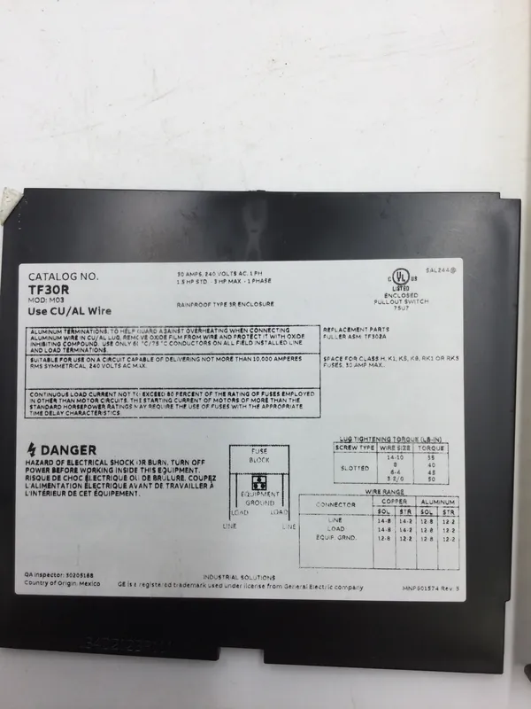 GE TF30R 30 Amp 240V 1 Phase Dead Front Next Day Delivery
