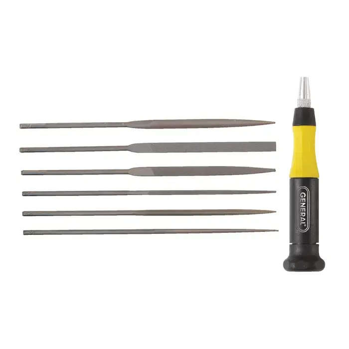 GENERAL TOOL 707476 7 Piece 8" Swiss Pattern Needle File Set - Swiss Pattern, With Handle, Black Oxide Must Have